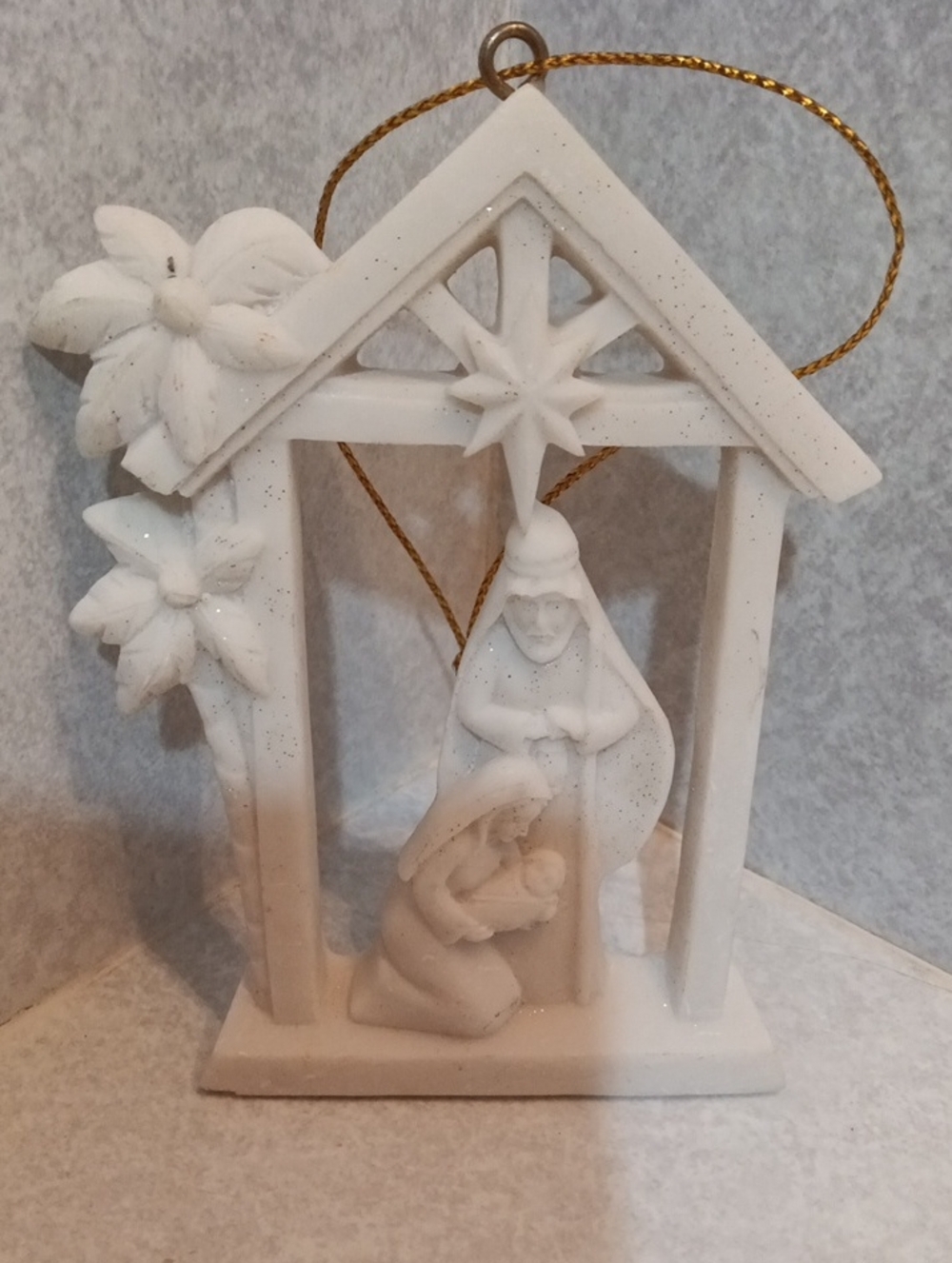 White Nativity Hanging Ornament with Gold Loop - Classic Holiday Accent